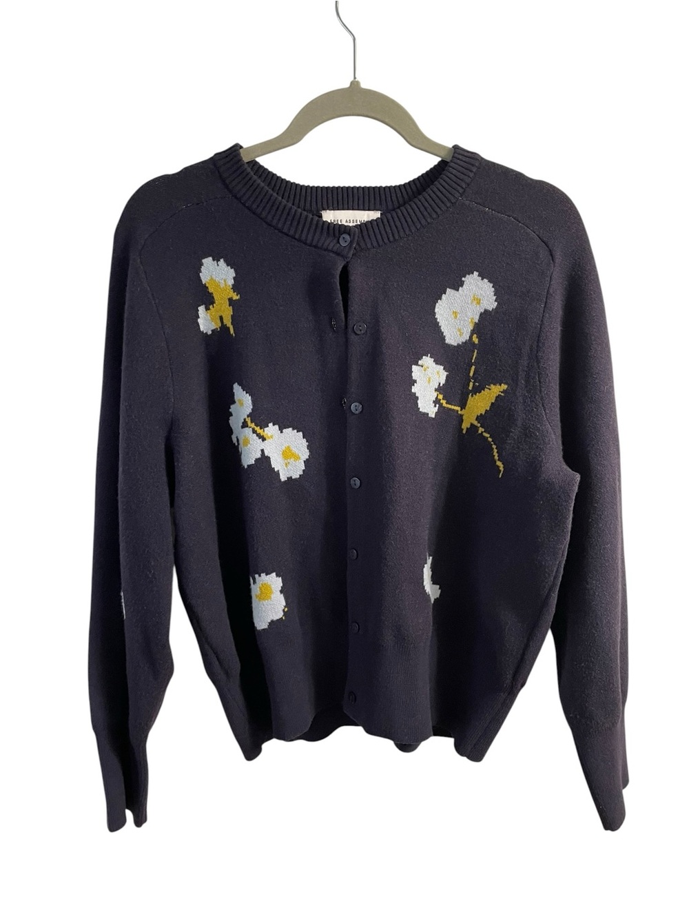 Free Assembly Navy Floral Button Cardigan Sweater Large Daisy Knit - Picture 2 of 8